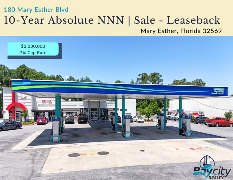 Front exterior of 10-Year Absolute NNN C-Store at 180 Mary Esther Boulevard with gas pumps and signage